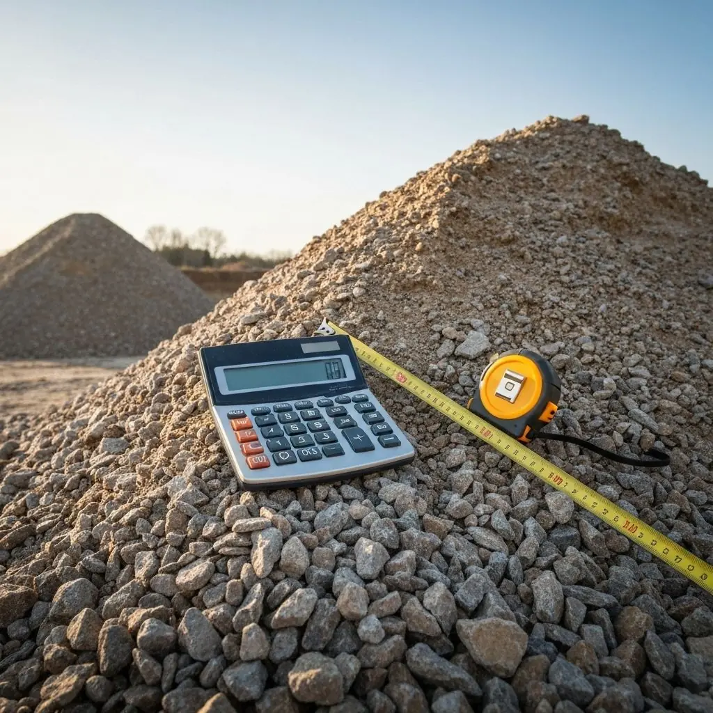 Crushed stone pile with calculator and measuring tools for accurate estimation
