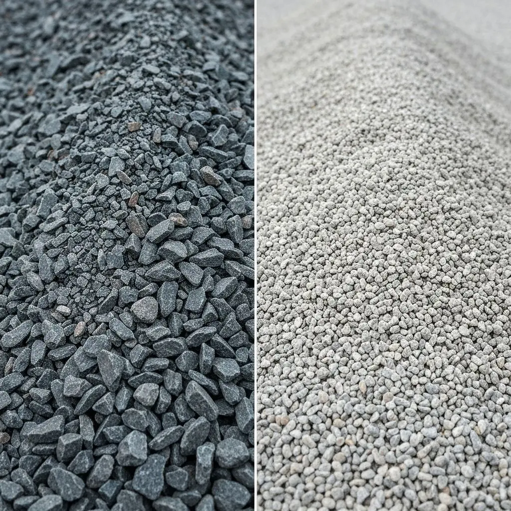 Side by side comparison of crushed stone angular pieces and smooth rounded pea gravel showing texture and size differences for landscaping projects