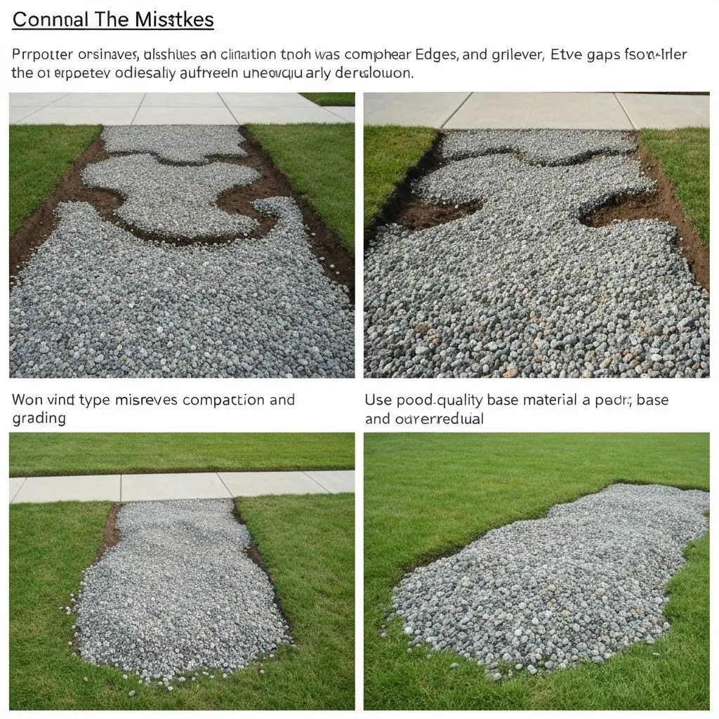 Common gravel driveway installation mistakes showing improper base preparation, poor drainage, and inadequate edging that lead to rutting and washout