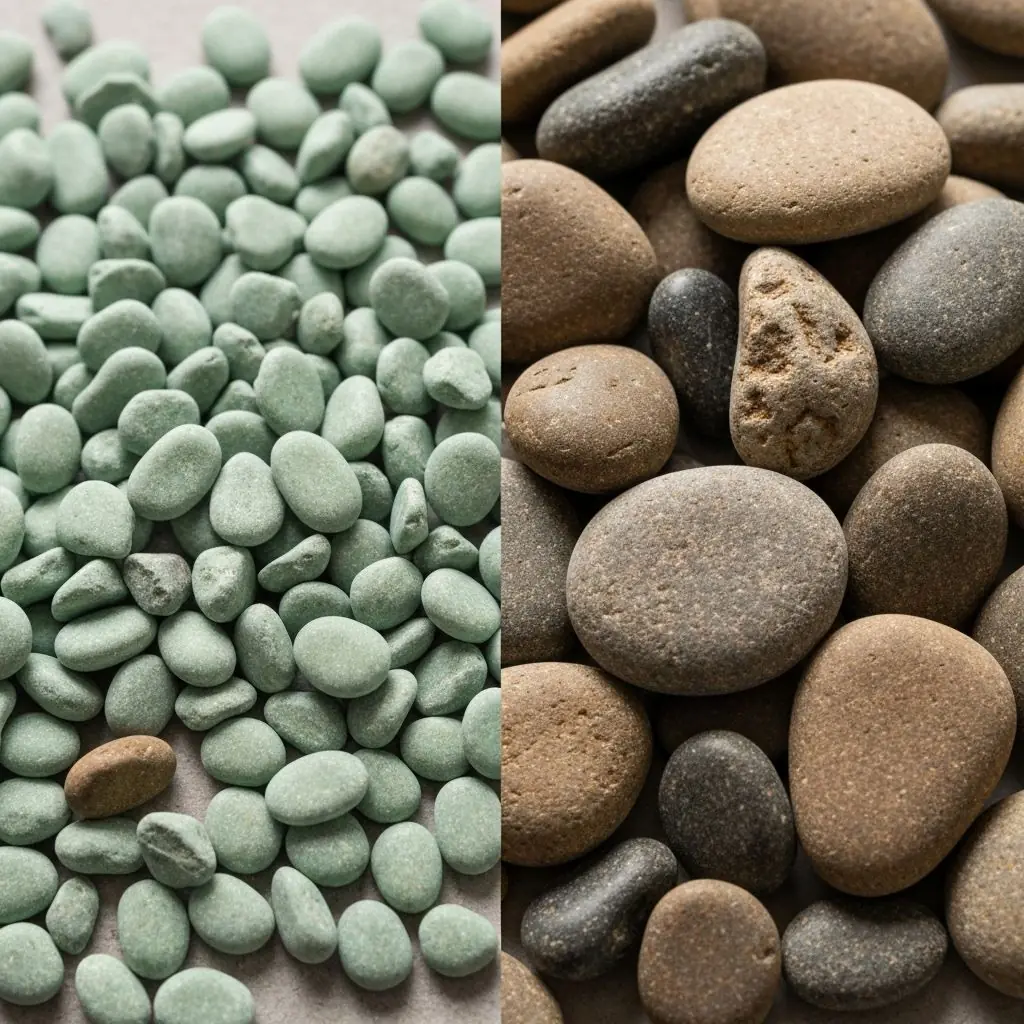 Comparison of small pea gravel and larger river rock stones for landscaping and garden projects