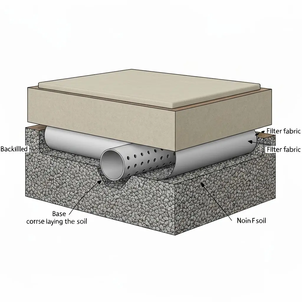 French drain installation showing gravel layers, perforated pipe, and proper drainage setup